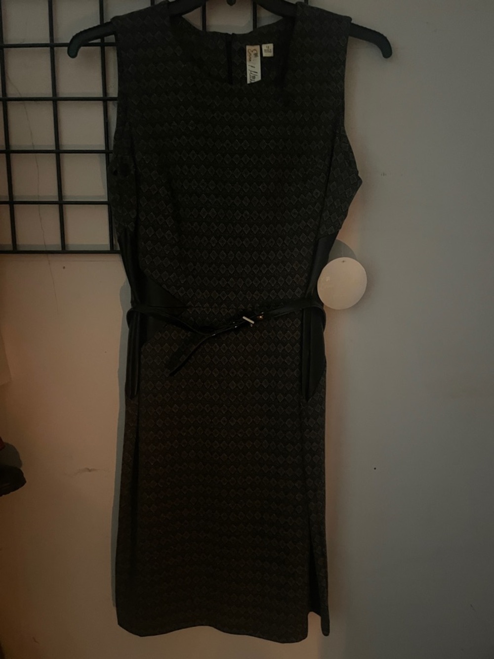 Emma & Michele Black Patterned Midi Sheath Dress with Waist Tie